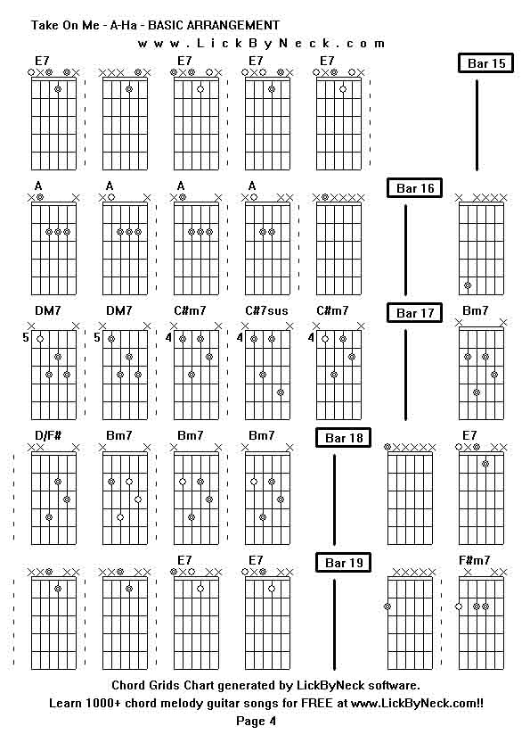 Chord Grids Chart of chord melody fingerstyle guitar song-Take On Me - A-Ha - BASIC ARRANGEMENT,generated by LickByNeck software.